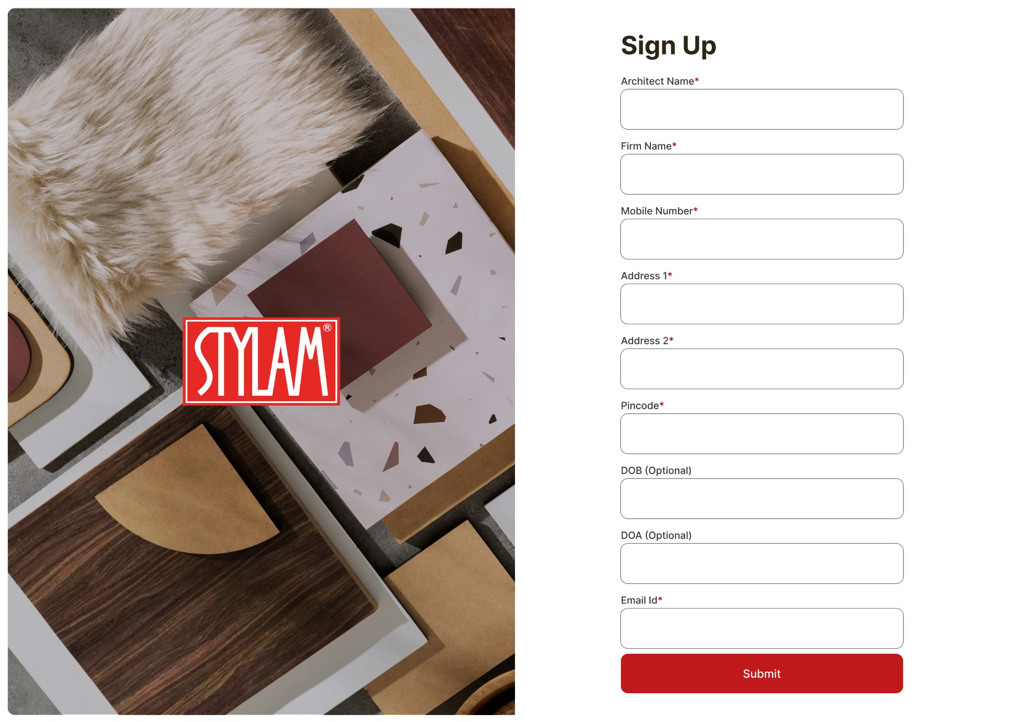 Stylam architect sign-up experience